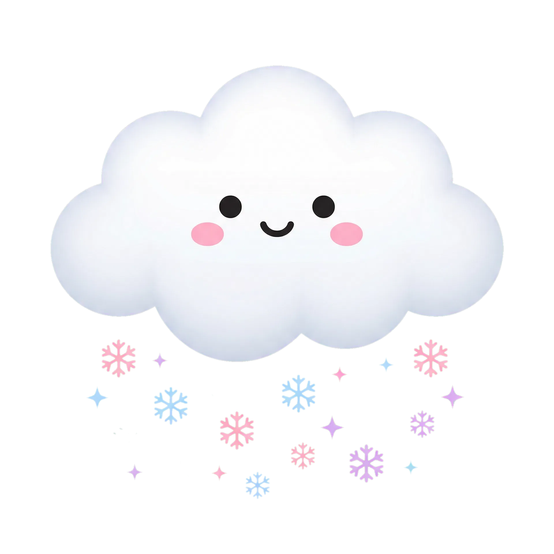 A smiling snow cloud raining soft pastel flakes